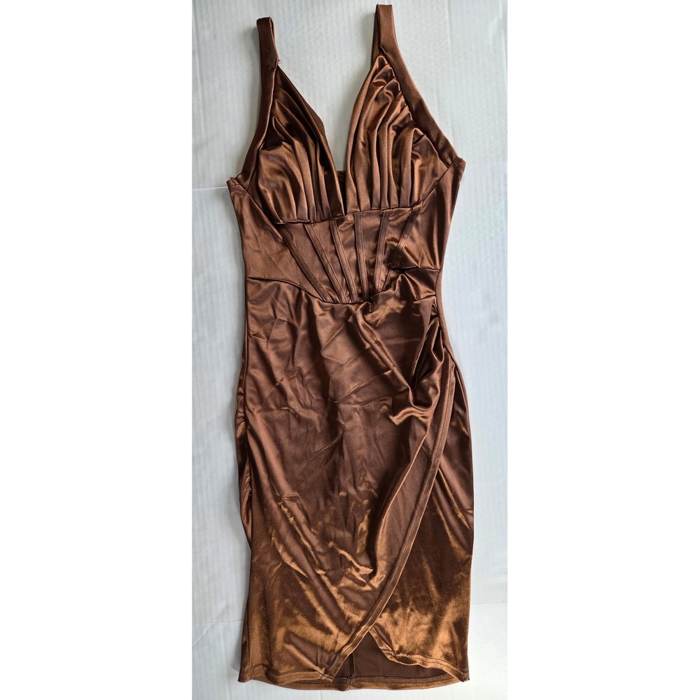 SHEIN Cocktail Dress Women XS Brown Satin Corset Ruched Tulip Hem Bodycon